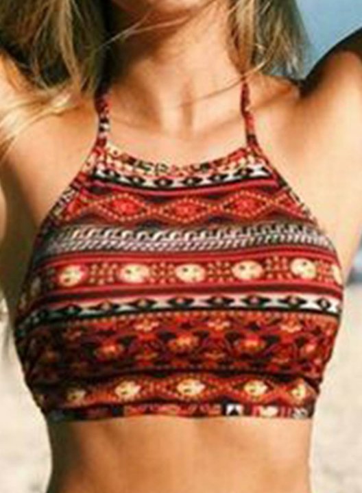 Women's Bikinis Tribal Multicolor Mid Waist Halter Padded Boho Beach Casual Bikini Bathing Suits