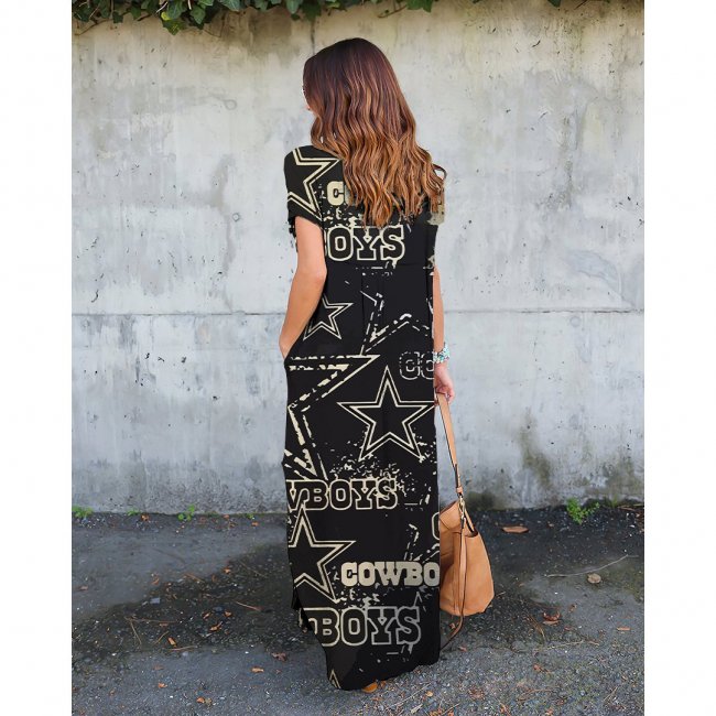 V-neck Cowboys Print Short-Sleeved Loose Long Dress