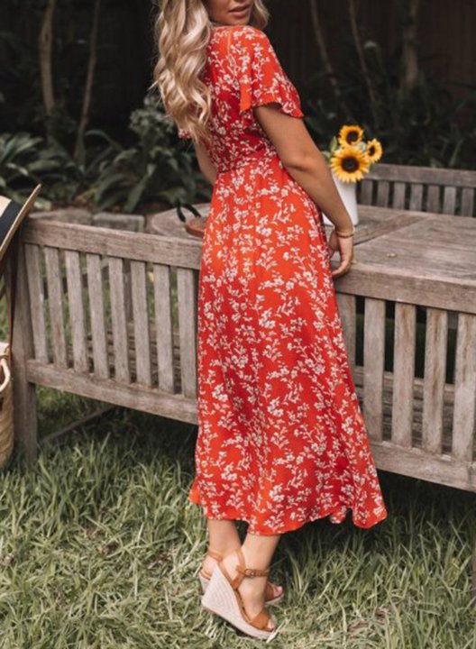 Women's Maxi Dresses Knot A-line Floral Short Sleeve V Neck Daily Casual Maxi Dress