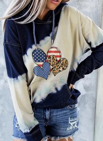 Women's Hoodies America Flag Heart Leopard Long Sleeve Drawstring Pocket Hoodie