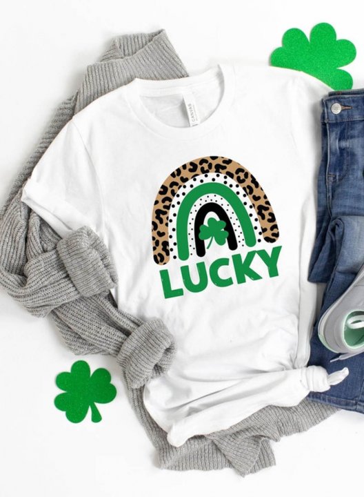 Women's St Patrick's Day T-shirts Color Block Clover-print Letter Short Sleeve Round Neck Casual T-shirt