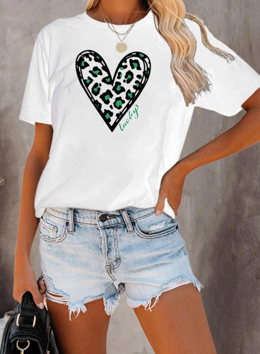 Women's Shirt Leopard Heart Short Sleeve Round Neck Casual T-shirt