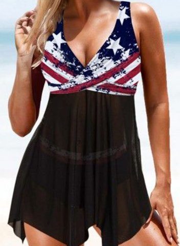 Women's Tankini Set American Flag Padded Mid Waist V Neck Basic Vacation Tankini Set