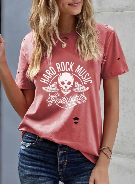 Women's T-shirts Letter Print Short Sleeve Round Neck Daily Cut-out T-shirt