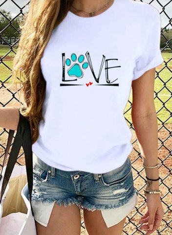 Women's T-shirts Letter Paw Heart Print Solid Round Neck Short Sleeve Daily Casual T-shirts