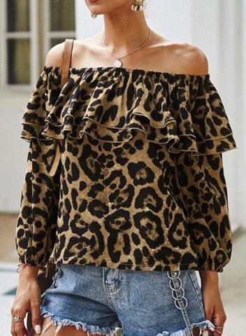 Women's Blouses Leopard Long Sleeve Off Shoulder Ruffle Daily Blouse
