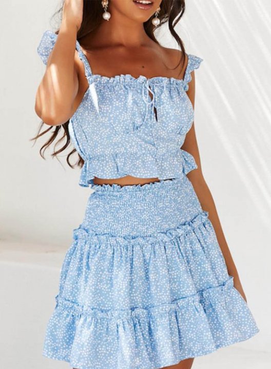 Women's Two-Piece Dresses Floral Color Block Sleeveless Off Shoulder Vintage Ruffle Mini Two-Piece Sets