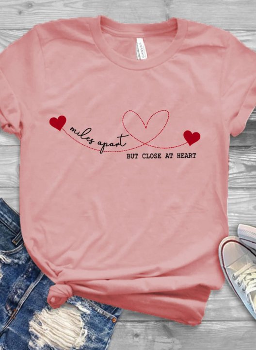 Women's T-shirts Miles Apart but Close at Heart Print Short Sleeve Round Neck Casual T-shirt