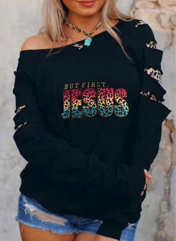 Women's But First Jesus Printed Sweatshirt Leopard Letter Long Sleeve Off-shoulder Cut-out Daily Shirt