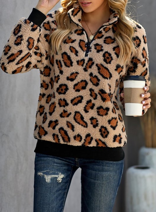 Leopard Long Sleeve High Neck Zip Sweatshirt