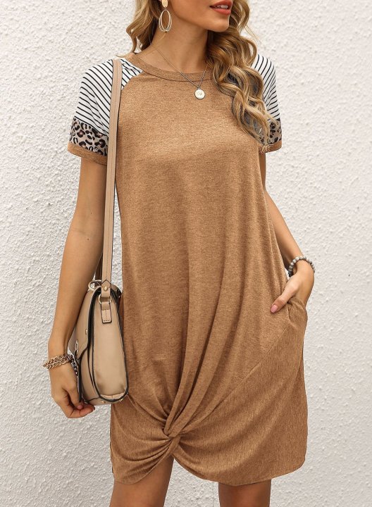 Women's Dress Striped Leopard Shift Round Neck Short Sleeve Summer Casual Daily Mini Dress