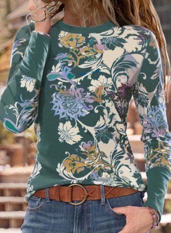 Women's T-shirts Floral Round Neck Long Sleeve Vintage Daily T-shirts