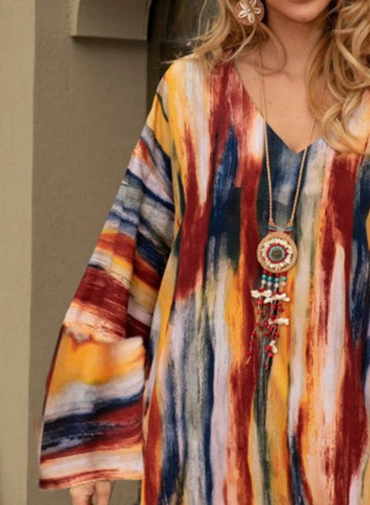 Women's Mini Dresses Shift Striped Tiedye Color Block Long Sleeve V Neck Daily Casual Mini Dress