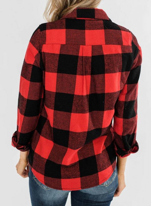 Women's Red Plaid Coats Long Sleeve Turn Down Collar Zipper Casual Coat