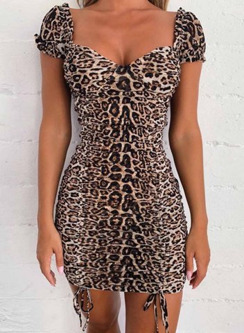 Women's Mini Dresses Leopard Short Sleeve Bodycon Square Neck Date Drawstring Dress