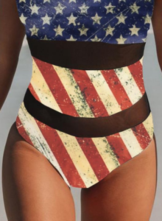 Women's One Piece Swimwear American Flag 4th Of July Mesh Perspective One-Piece Swimsuit