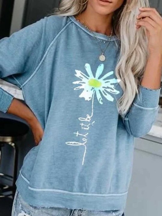 Solid Floral Long Sleeve Round Neck Sweatshirt