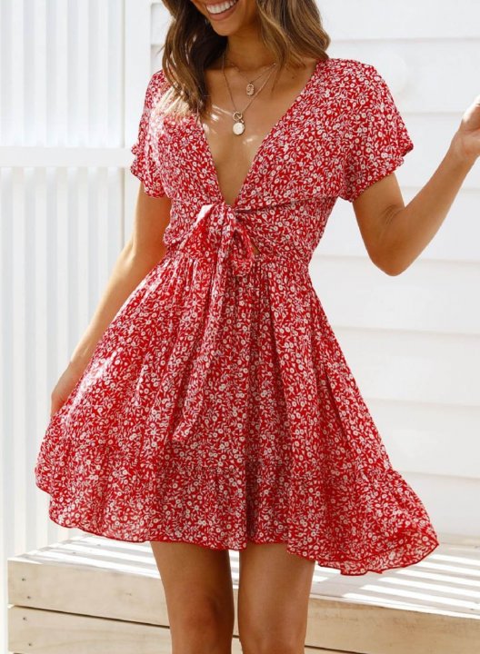 Women's Mini Dresses Floral Knoted Short Sleeve V Neck Dress