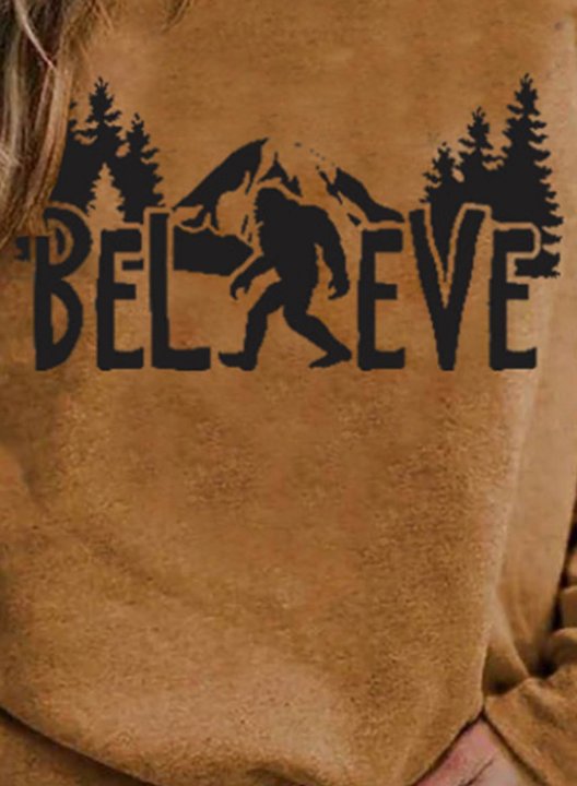 Women's Sweatshirts Retro Believe Bigfoot Print Long Sleeve Round Neck Daily Sweatshirt