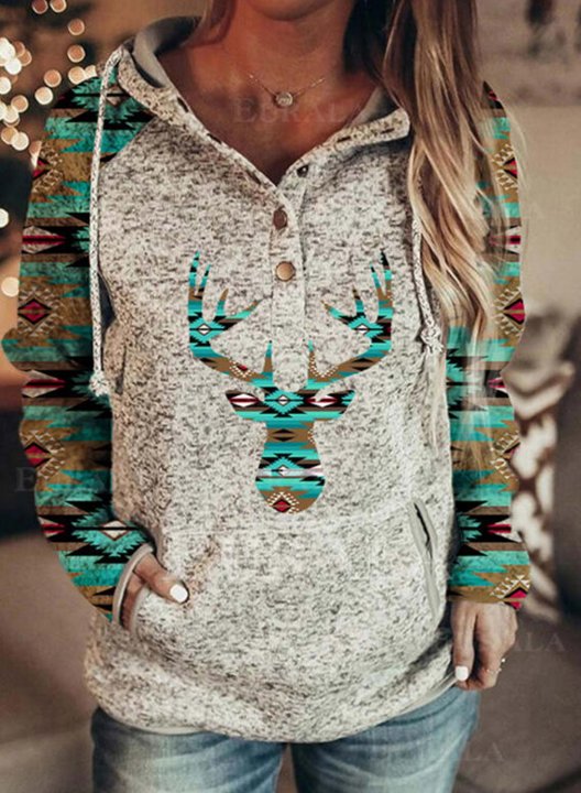 Women's Aztec Print Hoodies Drawstring Long Sleeve Solid Tribal Hoodies With Pockets