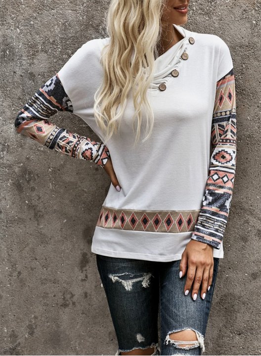 Color Block Long Sleeve Tribal Button Sweatshirt