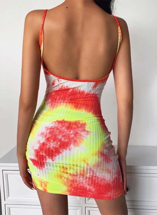 Women's Mini Dresses Bodycon Color Block Tiedye Sleeveless Spaghetti Daily Mini Dress