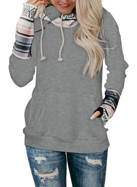 Long Sleeve Color Block Casual Hoodie