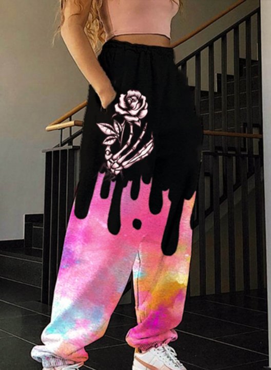 Women's Joggers Color Block Floral Straight Mid Waist Full Length Pocket Casual Joggers