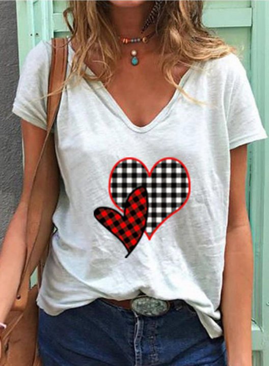 Women's T-shirts Casual Summer Plaid Color Block V Neck Short Sleeve T-shirts