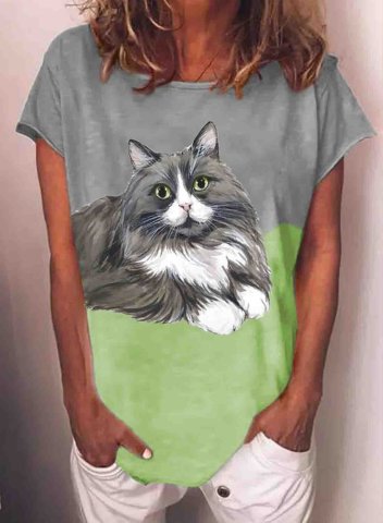 Women's T-shirts Color Block Cat Print Short Sleeve Round Neck Daily T-shirt