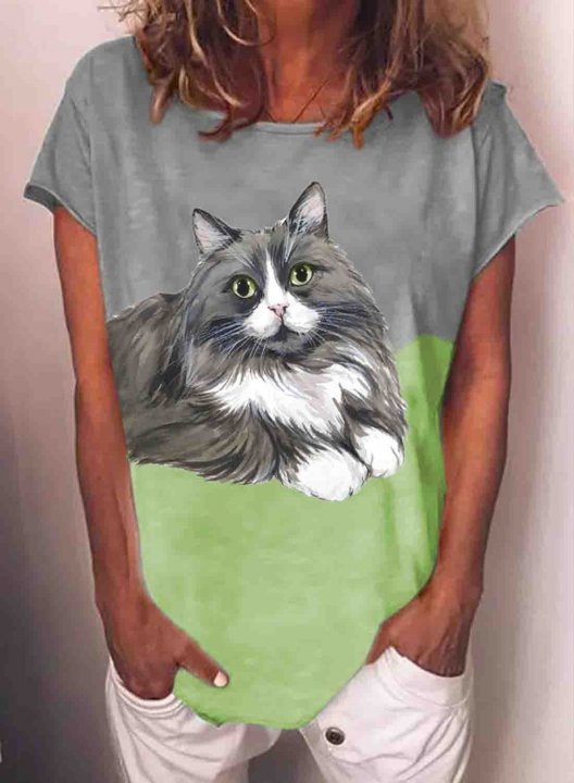 Women's T-shirts Color Block Cat Print Short Sleeve Round Neck Daily T-shirt