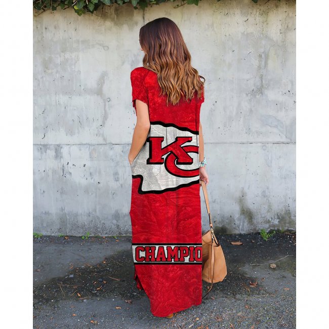 V-neck Kansas City Chiefs Print Short Sleeve Loose Long Dress