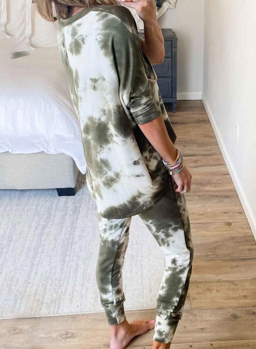 Tie-Dye Green Round Neck Drawstring Casual Suits