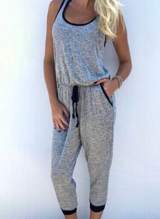 Women's Jumpsuits Color Block Mid Waist Casual Sporty Drawstring Cropped Pants Jumpsuits