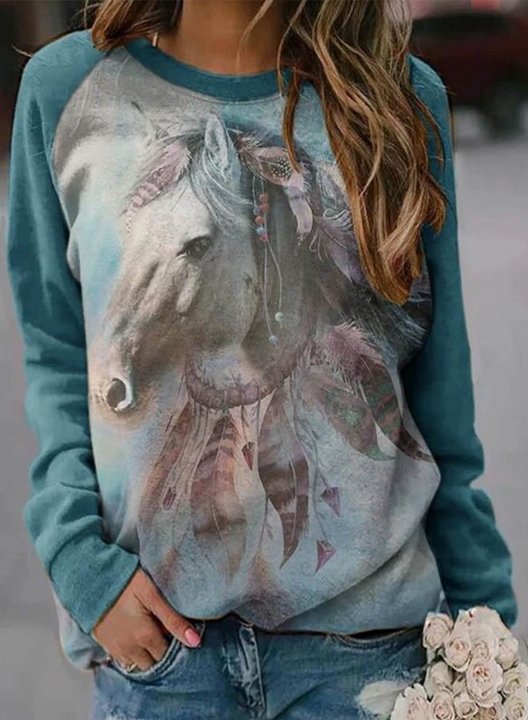 Women's Sweatshirts Animal Letter Print Long Sleeve Round Neck Raglan-sleeves Sweatshirt