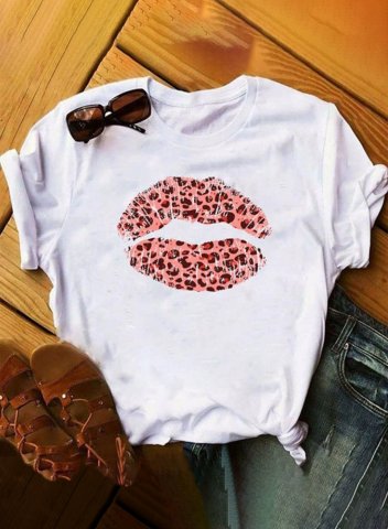 Women's T-shirts Solid Leopard Lip-Print Short Sleeve Round Neck Daily Casual T-shirt