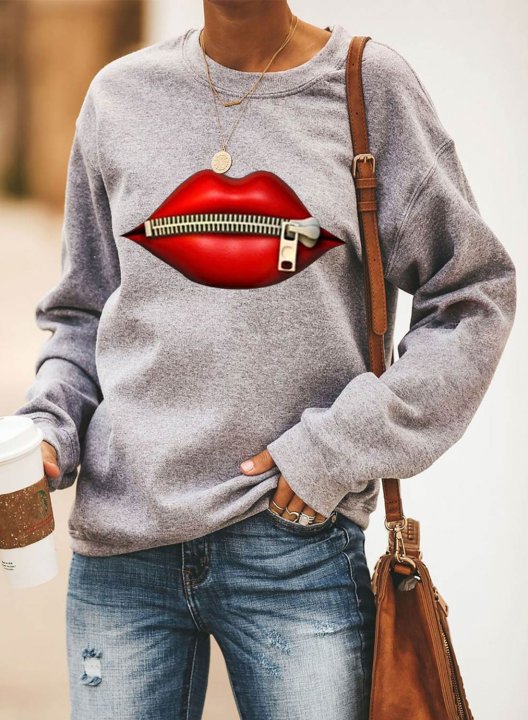 Solid Long Sleeve Round Neck Lips Print Sweatshirt