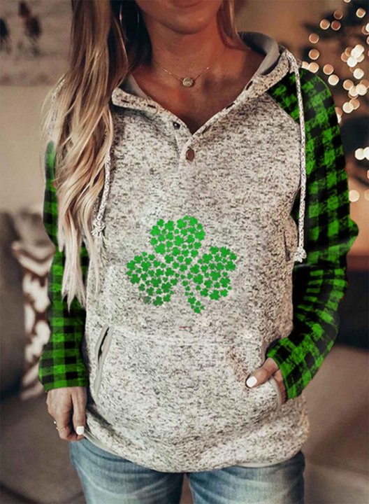 Women's St Patrick's Day Shamrock Hoodies Plaid Drawstring Button Long Sleeve Solid Pocket Casual Hoodies