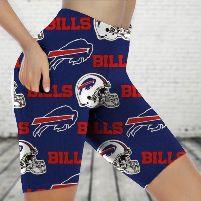 BUFFALO BILLS Sports Stretch Fitness Running Side Pocket Shorts Tight-Fitting High-Waist Yoga Pants