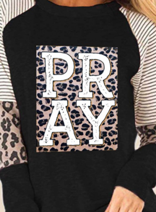 Women's T-shirts Color Block Leopard Print Long Sleeve Round Neck Daily T-shirt