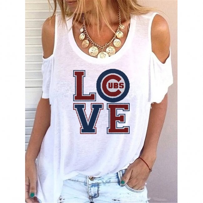 Round Neck Chicago Cubs Print Off-shoulder Short-sleeved Loose T-shirt