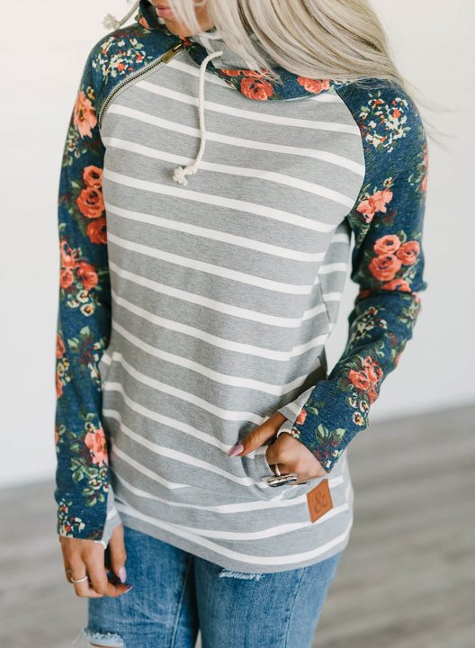 Floral-Print Paneled Striped Pocket Hoodie