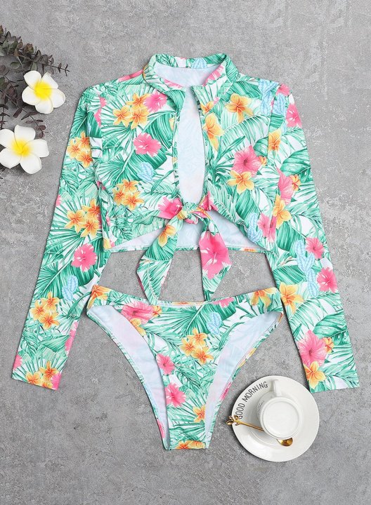 Women's Bikinis Floral Tropical Long Sleeve Turn Down Collar Vacation Beach Bikini Sets