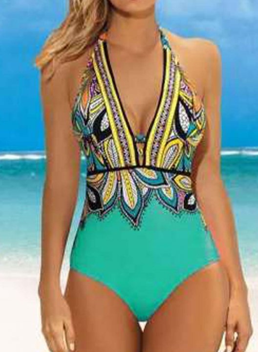 Women's One Piece Swimwear Floral V Neck Vacation Boho One-Piece Swimsuits One-Piece Bathing Suits