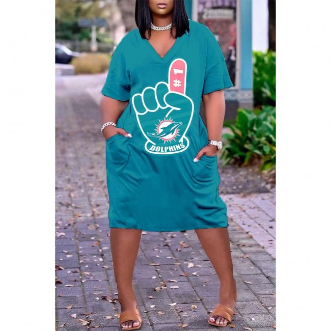 Miami Dolphins Print Fashion Casual V Neck Short Sleeve Dress