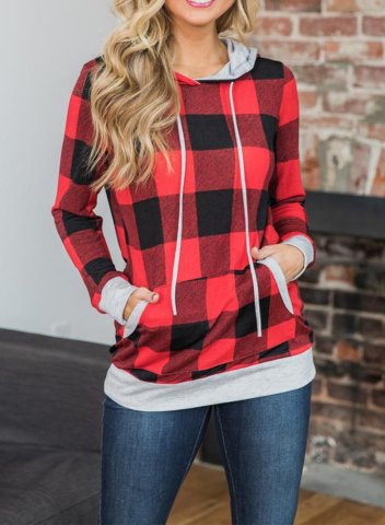 Red Plaid Pocket Long Sleeve Hoodie