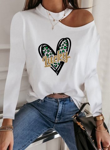 Women's St.Patrick's Day Cold Shoulder Sweatshirt Heart-shaped Leopard Letter Crew Neck Long Sleeve Daily Pullovers
