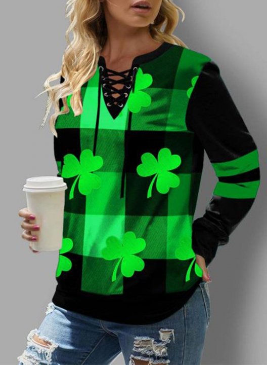 Women's Sweatshirts Clover Print Long Sleeve V Neck Sweatshirt