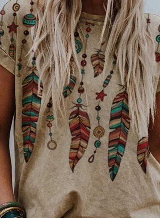 Women's T-shirts Tribal Feather Pattern Short Sleeve Round Neck Daily Casual T-shirt