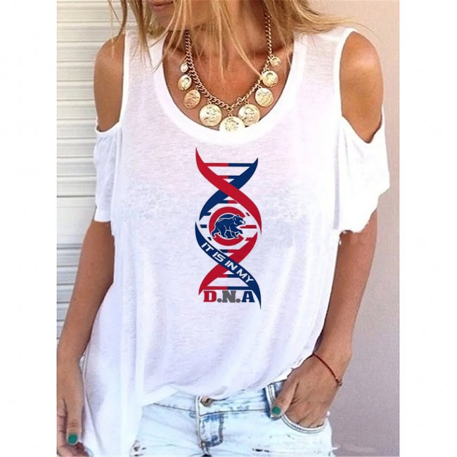 Round Neck Chicago Cubs Print Off-shoulder Short-sleeved Loose T-shirt